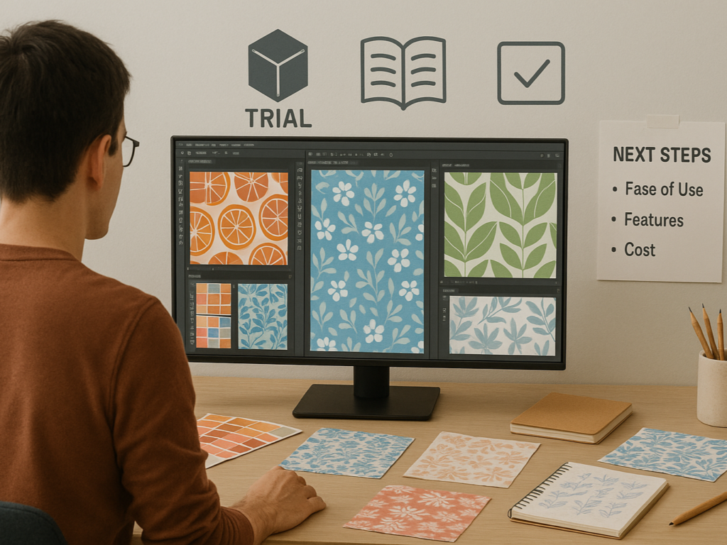 Designer in a creative studio reviewing pattern design software options on a large screen, surrounded by printed samples, color swatches, and a checklist of next steps for improving design workflow.