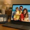 Restored vintage home video footage playing on a modern screen, showing a happy family moment from the past, symbolizing the transformation from VHS to HD.