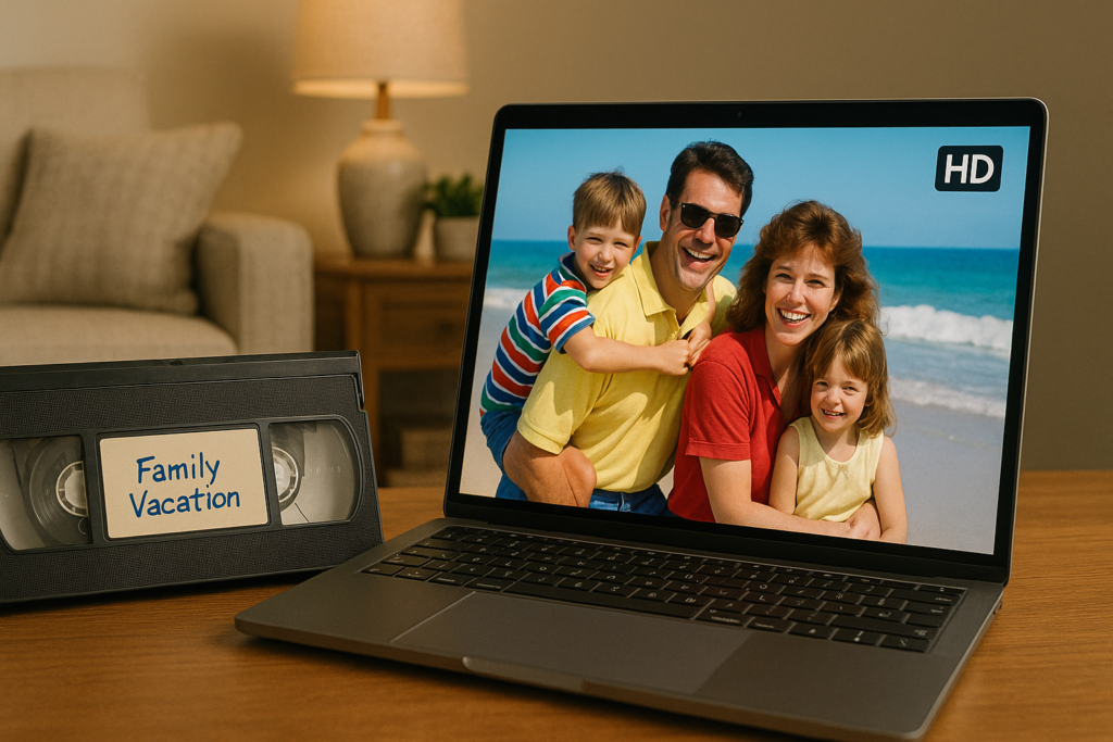 Restored vintage home video footage playing on a modern screen, showing a happy family moment from the past, symbolizing the transformation from VHS to HD.
