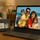 Restored vintage home video footage playing on a modern screen, showing a happy family moment from the past, symbolizing the transformation from VHS to HD.