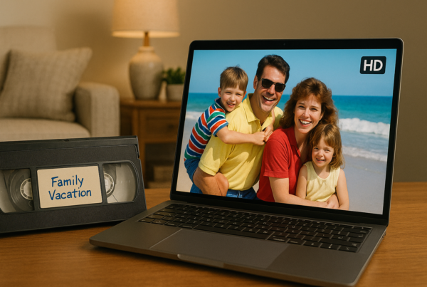 Restored vintage home video footage playing on a modern screen, showing a happy family moment from the past, symbolizing the transformation from VHS to HD.