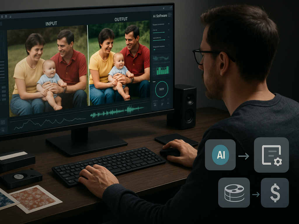 A technician using AI-powered tools to restore old video footage, improving its clarity, color, and audio to preserve precious memories.
