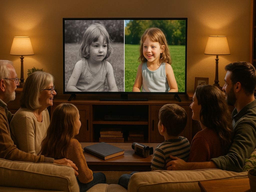 A heartwarming scene of a multi-generational family gathered in a cozy living room, watching old home videos on a modern TV, with expressions of joy and nostalgia as a restored vintage clip plays on the screen.

