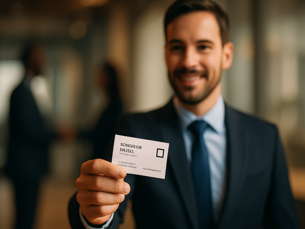 A confident professional extending a stylish business card in a modern office setting, with soft focus on a handshake about to happen in the background—symbolizing trust, credibility, and the impact of first impressions.