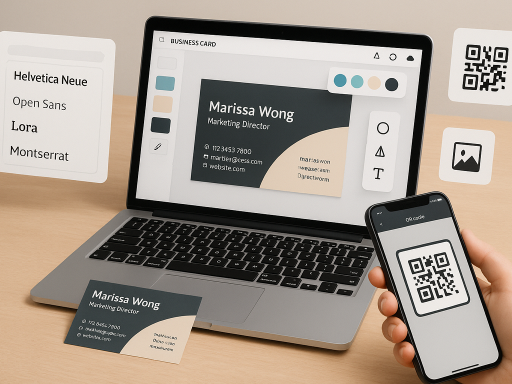 A laptop screen displaying a business card design interface on Canva or Adobe Express, surrounded by color swatches, font samples, and a smartphone with a QR code scanner—symbolizing smart, free tools and psychological design strategies.

