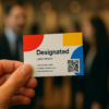 A hand holding a colorful, modern business card with bold geometric shapes, set against a blurred background of networking professionals; the card features a QR code, clean typography, and striking contrast to symbolize first impressions and brand identity.