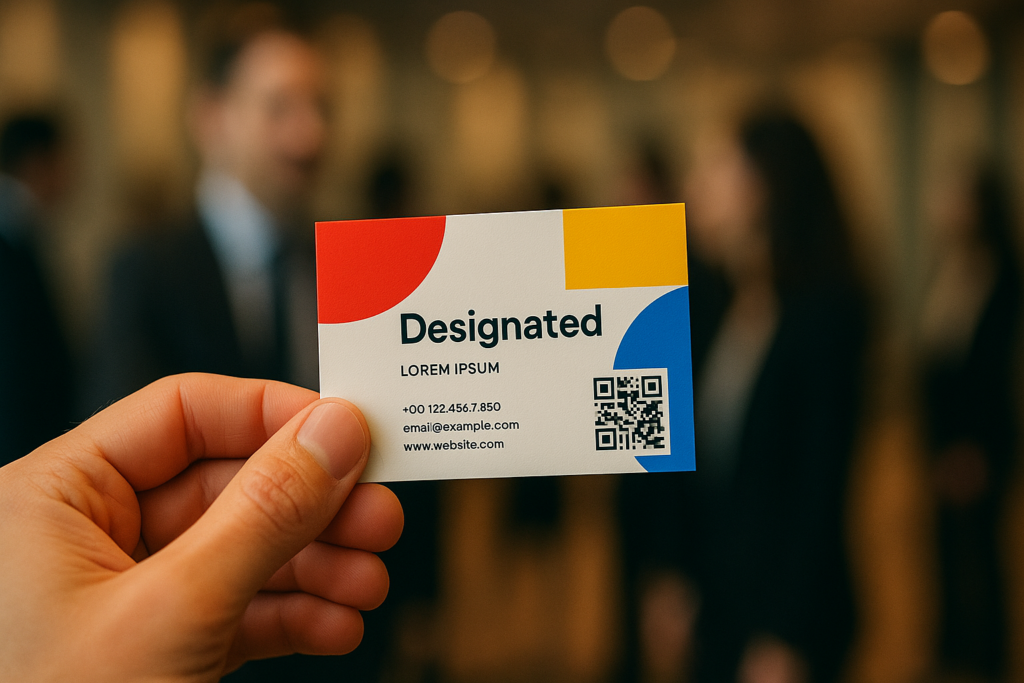 A hand holding a colorful, modern business card with bold geometric shapes, set against a blurred background of networking professionals; the card features a QR code, clean typography, and striking contrast to symbolize first impressions and brand identity.