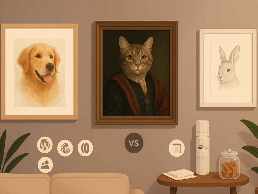 A stylish pet portrait gallery wall showing three framed artworks: a soft watercolor dog, a regal Renaissance-style cat in royal attire, and a hand-drawn 5x7 sketch of a rabbit. The scene blends modern and vintage décor for visual interest.