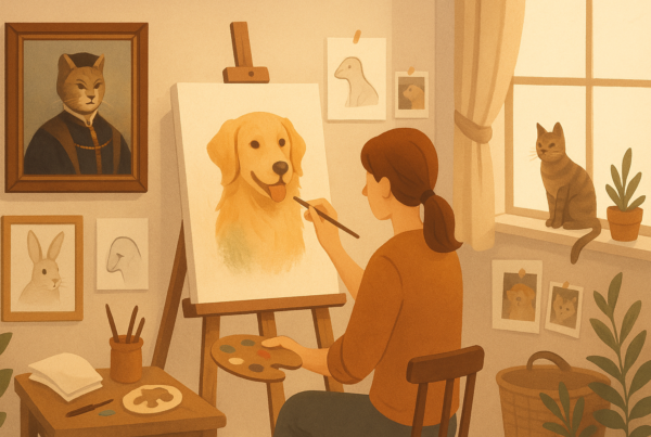 Artist painting a golden retriever in a cozy, sunlit studio with pet portraits, plants, and a cat on the windowsill.