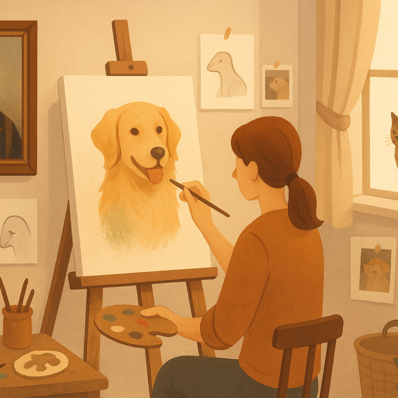 Artist painting a golden retriever in a cozy, sunlit studio with pet portraits, plants, and a cat on the windowsill.