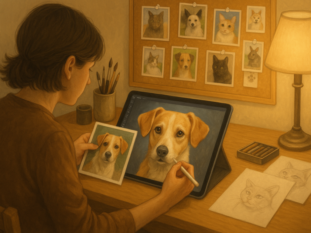 A heartwarming scene of an artist working on a detailed pet portrait at a desk, using a tablet and a reference photo of a dog. The workspace is softly lit, with pet photos pinned to a corkboard and art supplies neatly arranged.