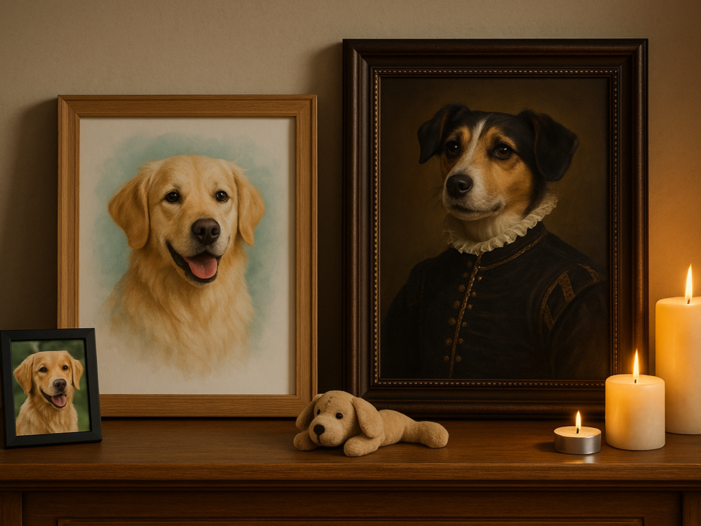 A beautifully framed watercolor and Renaissance-style pet portrait displayed on a cozy mantle alongside candles, pet toys, and a photo of the original pet — symbolizing a heartfelt tribute and lasting memory.

