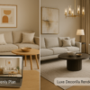 A split-screen image showing two virtual home interior designs: one affordable and minimalistic, the other luxurious and professionally styled. A laptop displays an online interior design tool, symbolizing digital convenience and budget-to-luxury design options in 2025.