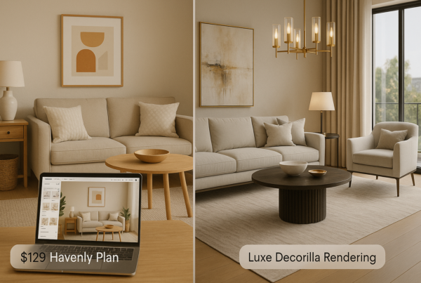 A split-screen image showing two virtual home interior designs: one affordable and minimalistic, the other luxurious and professionally styled. A laptop displays an online interior design tool, symbolizing digital convenience and budget-to-luxury design options in 2025.