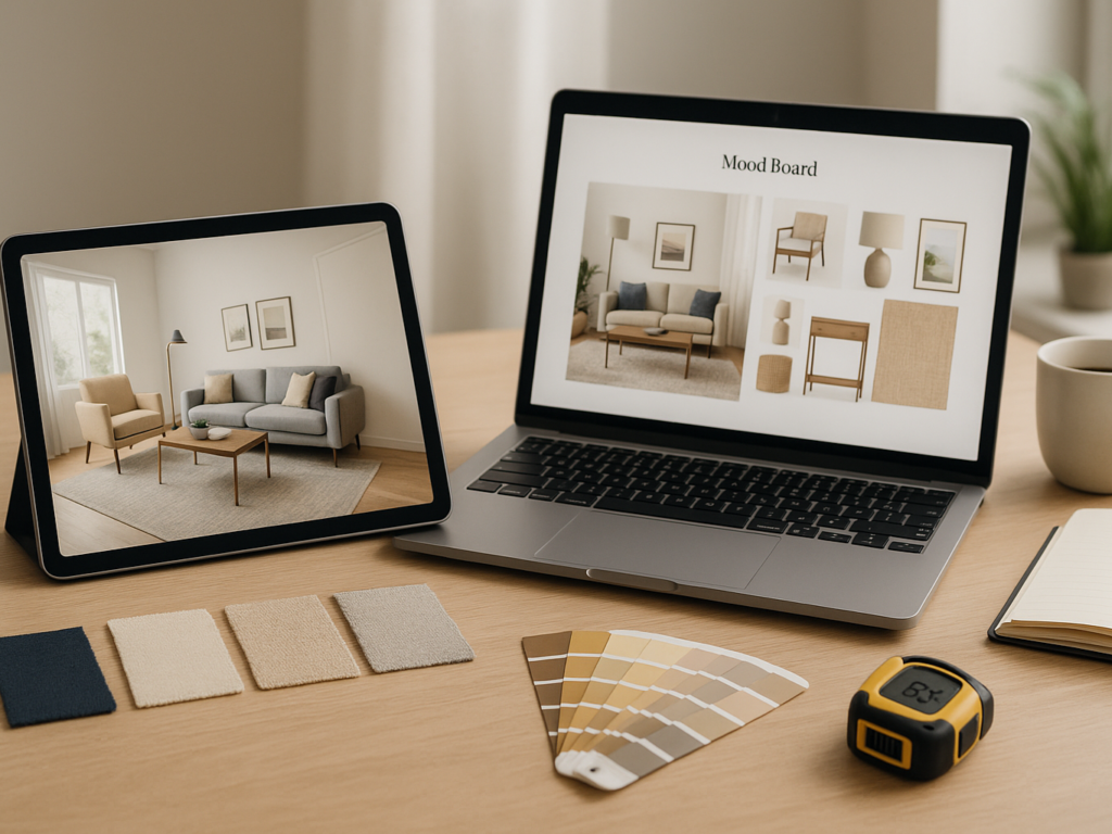 A tablet and laptop display virtual interior design tools, including 3D renderings and mood boards, surrounded by fabric swatches, a color palette, and a digital tape measure. The scene represents how online interior design services work remotely through digital platforms.

