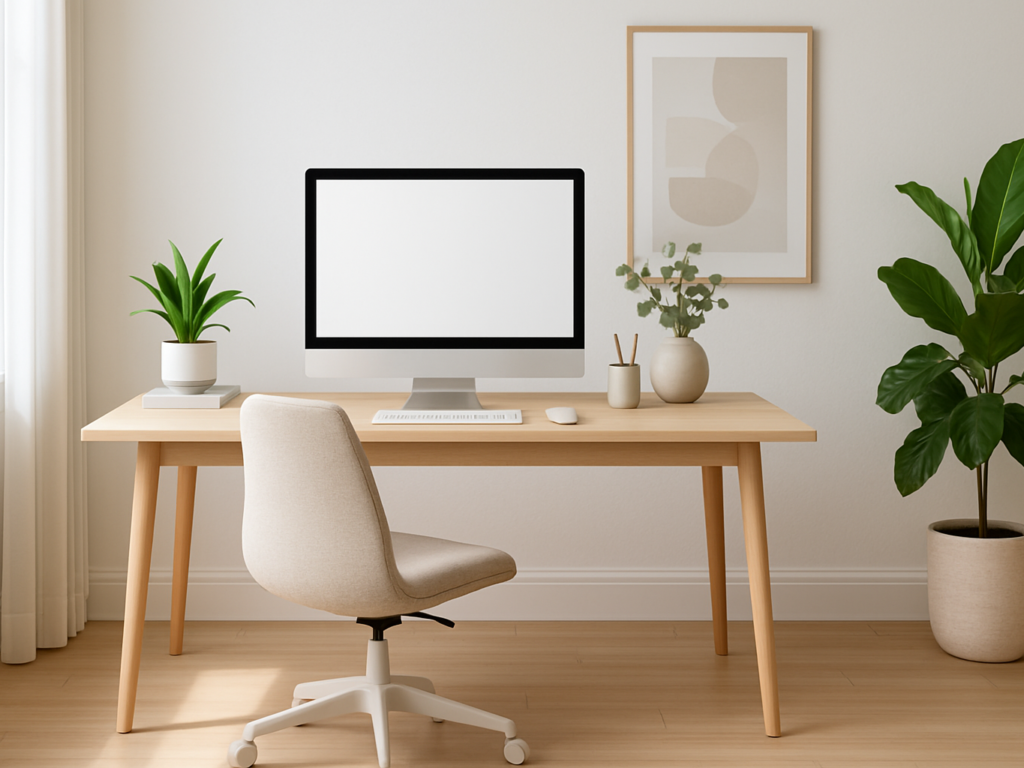 Minimalist home office with a clean desk, modern chair, and neutral decor showcasing a calm and organized workspace ideal for interior design inspiration.

