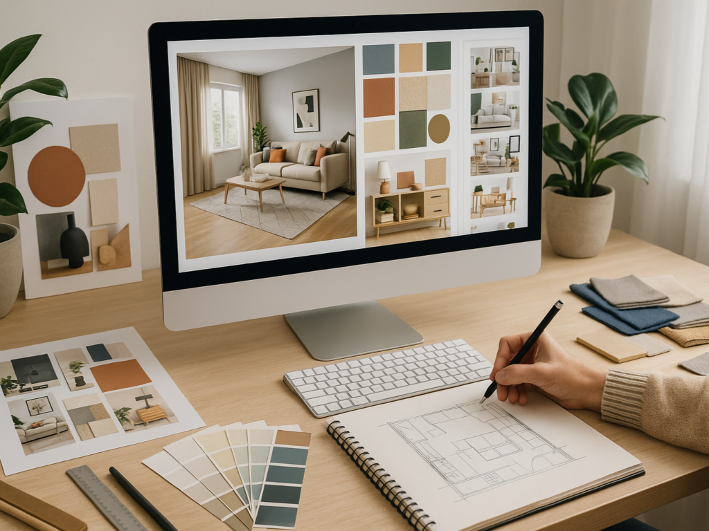 A modern interior design workspace showing a computer screen with 3D room renderings, mood boards, product catalogs, and a designer sketching ideas, representing the comprehensive elements of an online interior design package.