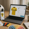 A custom soccer jersey being designed online—featuring a laptop with a soccer jersey design platform open, showing customization options like colors, numbers, and sponsor logos. Nearby, physical fabric swatches, a printed jersey mockup, and a soccer ball are placed on a table, with natural daylight coming in through a window.