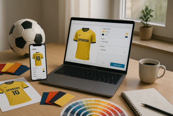 A custom soccer jersey being designed online—featuring a laptop with a soccer jersey design platform open, showing customization options like colors, numbers, and sponsor logos. Nearby, physical fabric swatches, a printed jersey mockup, and a soccer ball are placed on a table, with natural daylight coming in through a window.