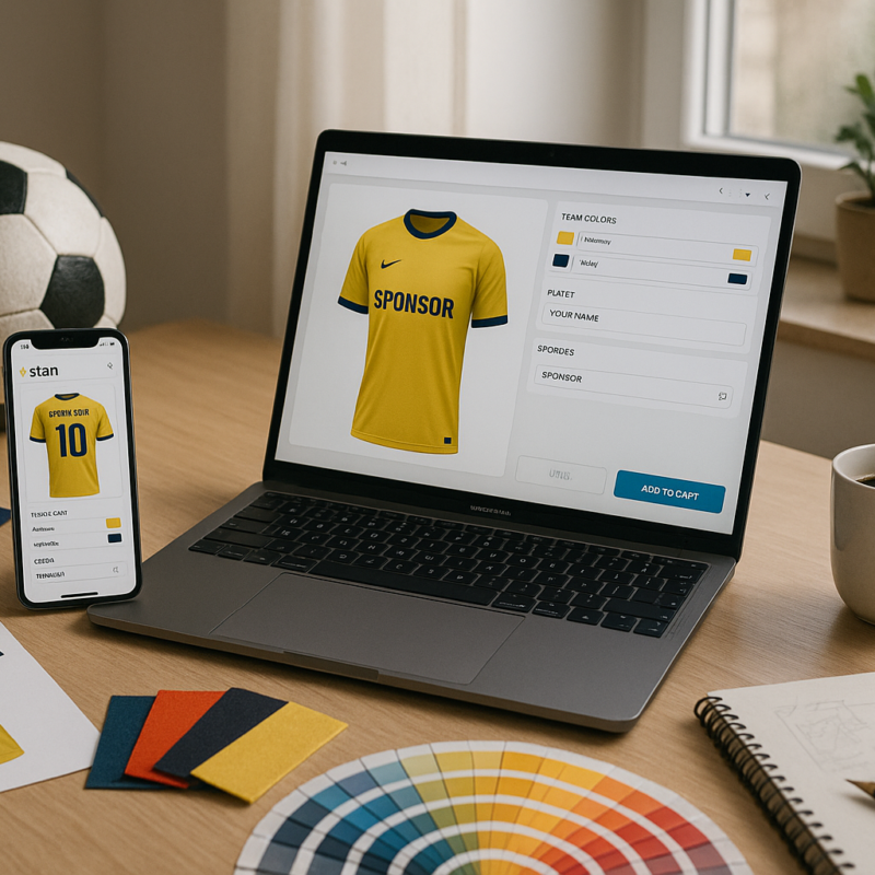 A custom soccer jersey being designed online—featuring a laptop with a soccer jersey design platform open, showing customization options like colors, numbers, and sponsor logos. Nearby, physical fabric swatches, a printed jersey mockup, and a soccer ball are placed on a table, with natural daylight coming in through a window.