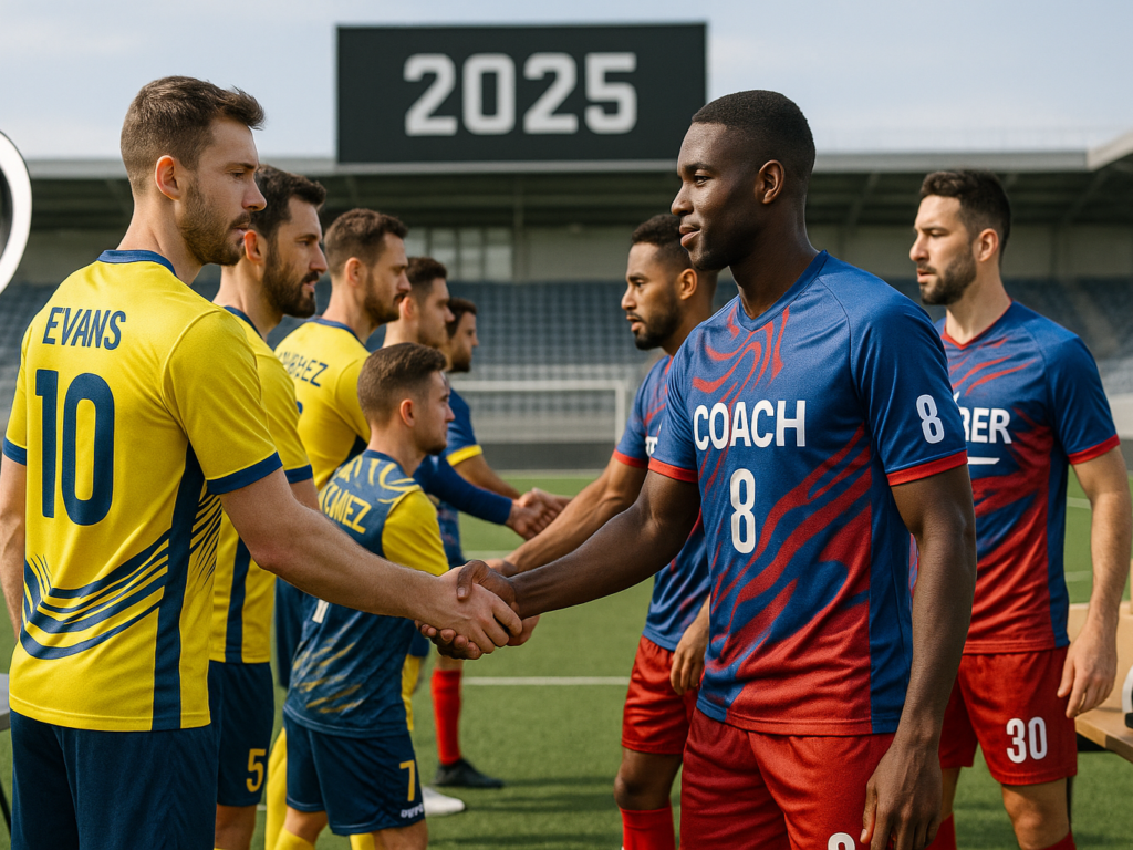 Two soccer teams wearing distinctly custom-designed jerseys shake hands before a match on a modern stadium field, showcasing team identity and unity. The jerseys feature vibrant colors, unique patterns, and sponsor logos, representing the 2025 trend of personalized kits that combine performance with style.

