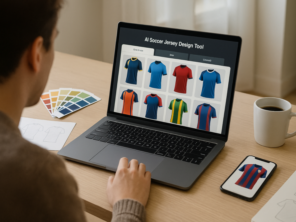 A person designing a custom soccer jersey on a laptop using an AI-powered platform. The screen shows real-time previews of the jersey in different colors and styles. Surrounding the workspace are sketches, color swatches, and a smartphone with a completed jersey design—highlighting the simplicity and accessibility of AI-driven sportswear design.

