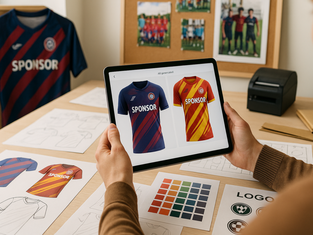 A designer reviewing a vibrant custom soccer jersey design on a digital tablet, with AI-generated mockups and team logos displayed on the screen. The workspace features design sketches, color swatches, and a printed sample jersey hanging nearby. The scene highlights team collaboration, creativity, and the modern tools used to turn design concepts into professional-quality soccer jerseys that capture team identity.

