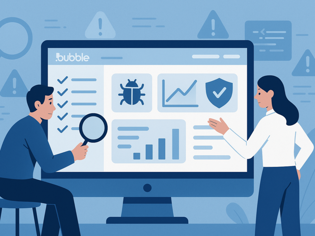 Illustration of a dedicated app tester and a developer working together in front of a Bubble.io interface. The screen displays checklists, bug icons, performance graphs, and security shields, symbolizing functionality, security, performance, and usability testing. Background includes a magnifying glass and warning symbols, emphasizing bug detection and resolution.