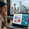 A person sitting at a desk in a modern home or office in Dallas, looking thoughtfully at a laptop screen showing a resume writing service. The screen has visible red warning icons. The Dallas skyline can be seen faintly through the window in the background.