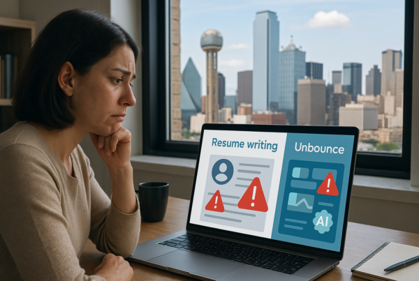 A person sitting at a desk in a modern home or office in Dallas, looking thoughtfully at a laptop screen showing a resume writing service. The screen has visible red warning icons. The Dallas skyline can be seen faintly through the window in the background.
