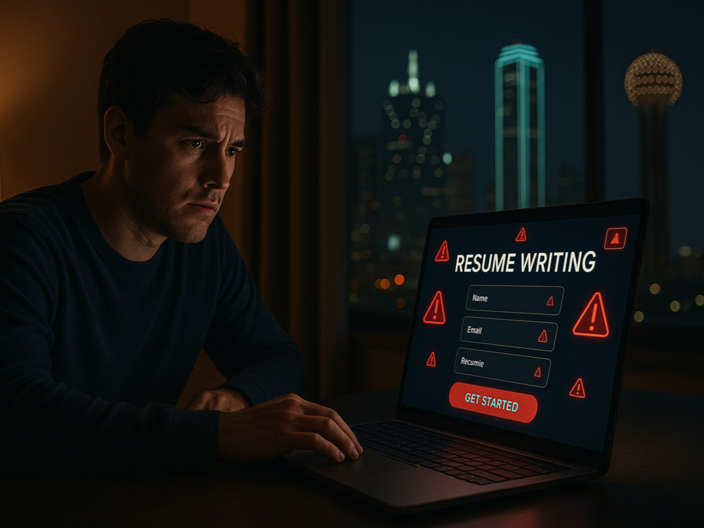 A curious job seeker in Dallas leans in toward a glowing laptop screen, surprised by warning signs while researching resume writers — a shadow of the Dallas skyline looms in the background, hinting at the high-stakes job market.