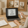 A graphic designer working on an interior design logo at a desk with a laptop, color swatches, sketchpad, and branding elements displayed, reflecting a stylish and creative workspace.