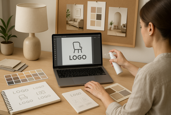 A graphic designer working on an interior design logo at a desk with a laptop, color swatches, sketchpad, and branding elements displayed, reflecting a stylish and creative workspace.