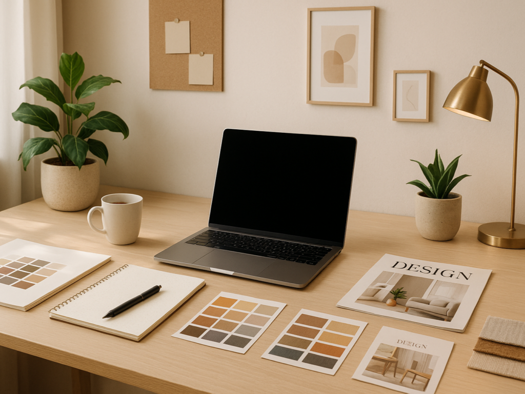 A realistic, well-lit workspace in a modern, minimalist room. A sleek laptop with a blank screen sits on a light wood desk surrounded by a sketchpad, color palettes, a coffee cup, a design magazine, and fabric swatches. Warm natural light filters through sheer curtains, illuminating the clean surface. Small potted plants add a touch of greenery, while simple, framed abstract wall art and a gold desk lamp enhance the creative and professional atmosphere. The overall setting evokes style, inspiration, and sophistication in a 16:9 format.
