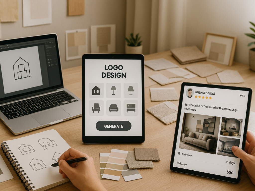 A professional workspace collage highlighting three logo creation methods. On the left, a graphic designer sketches logo concepts by hand on a notepad beside a laptop showing design software. In the center, a tablet displays an AI-powered logo generator interface with icons of houses, lamps, and tables. On the right, a Fiverr-style profile showcases seller ratings, mockup previews, and delivery times. The background features interior design elements like fabric swatches, mood boards, and clean, modern decor. The image conveys the professional, DIY, and freelance approaches to interior design logo creation.

