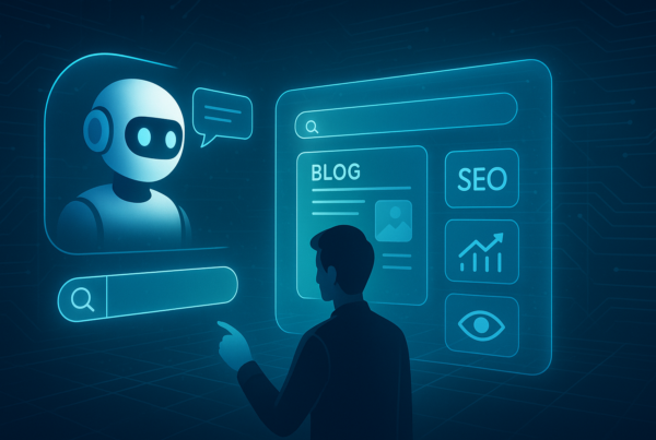 AI chatbot recommending optimized content to a user on a futuristic interface, symbolizing generative engine optimization.