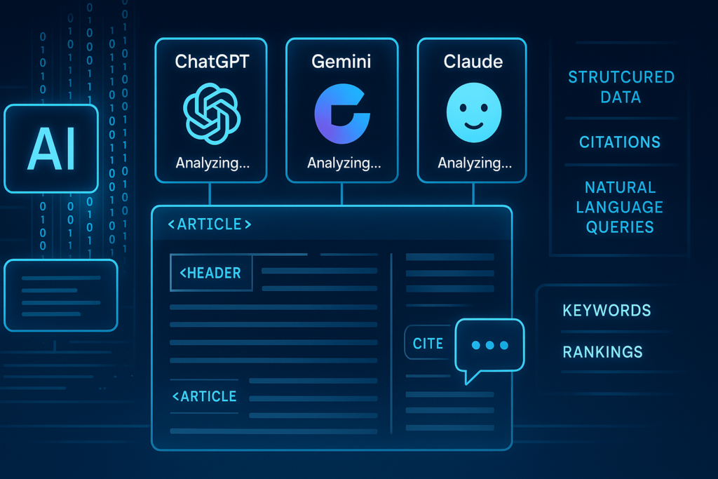 Illustration of AI assistants like ChatGPT and Gemini generating answers using structured online content, symbolizing the concept of Generative Engine Optimization (GEO).


