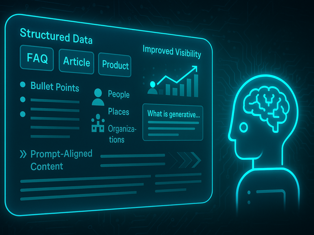 Futuristic illustration of an AI interface analyzing web content with schema markup, bullet points, and entity relationships for generative engine optimization