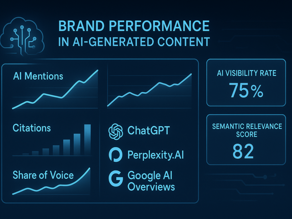 Futuristic dashboard tracking AI mentions, citations, and traffic from platforms like ChatGPT and Perplexity, showing brand visibility metrics and GEO performance indicators