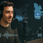 A modern recording studio setup with a French voice-over artist speaking into a professional microphone, with a map overlay highlighting France and Quebec, symbolizing regional accents and global reach.