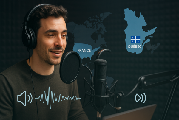 A modern recording studio setup with a French voice-over artist speaking into a professional microphone, with a map overlay highlighting France and Quebec, symbolizing regional accents and global reach.