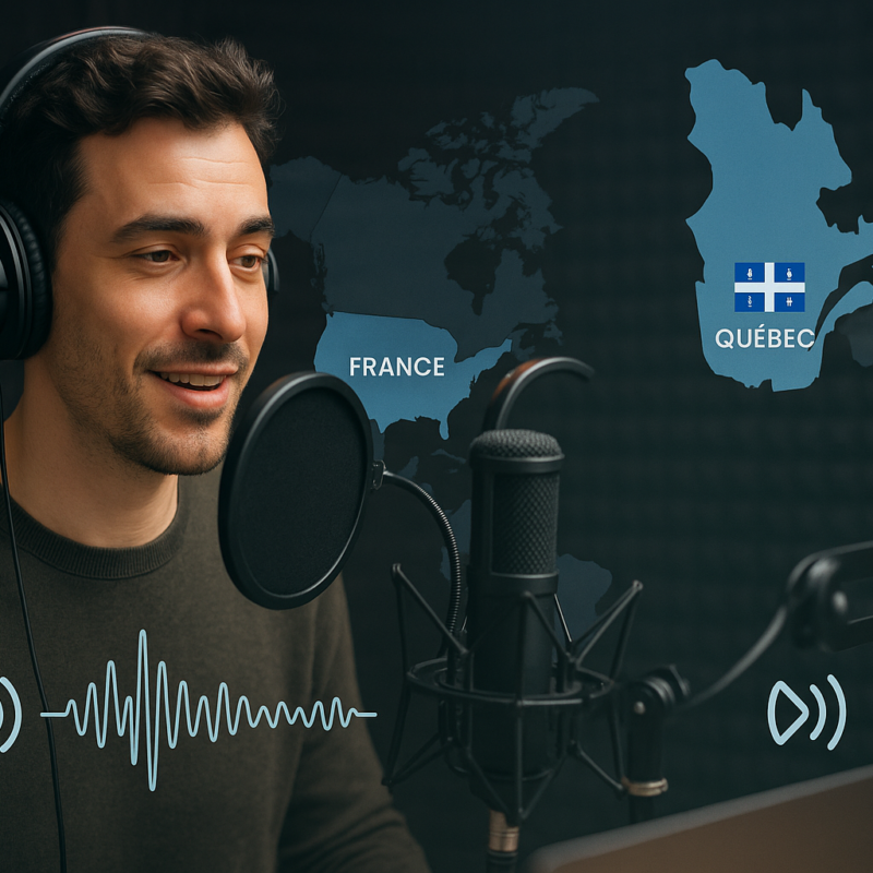 A modern recording studio setup with a French voice-over artist speaking into a professional microphone, with a map overlay highlighting France and Quebec, symbolizing regional accents and global reach.
