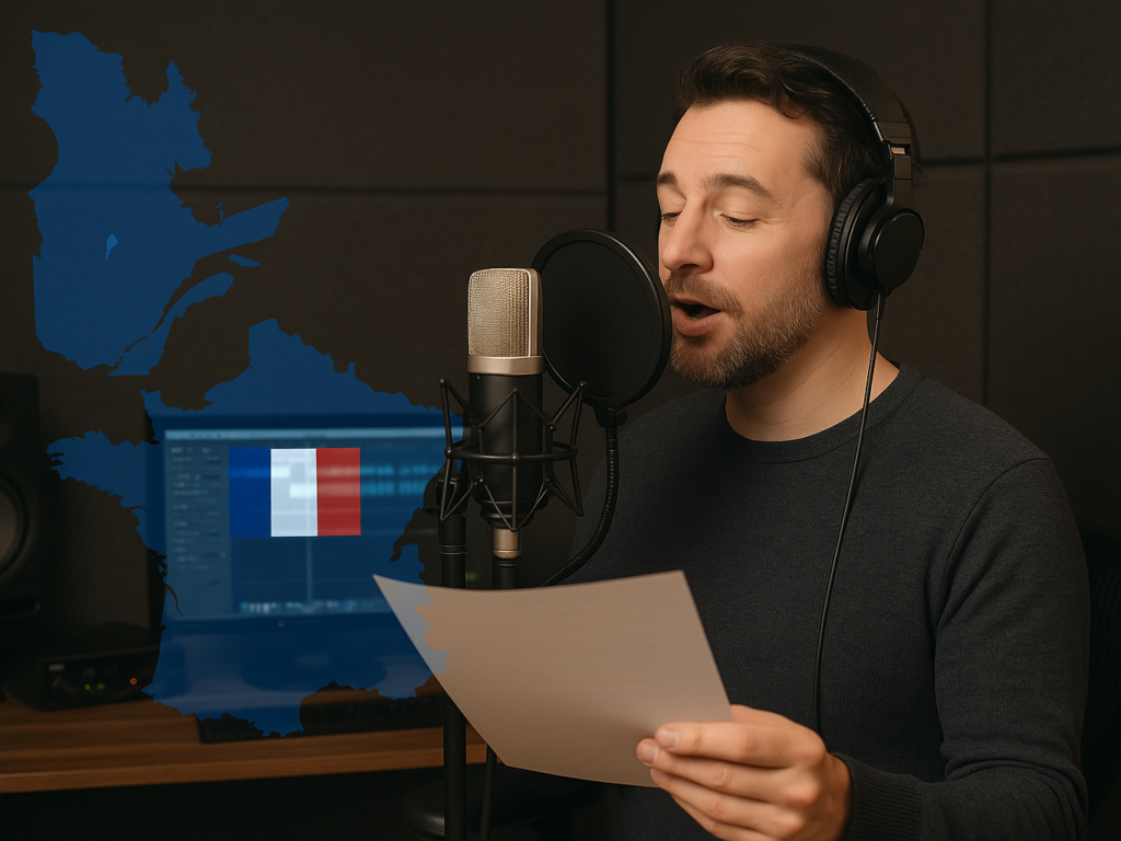  A modern recording studio featuring a French voice-over artist speaking into a professional microphone, with a map overlay highlighting France and Quebec to represent regional accents and global reach.