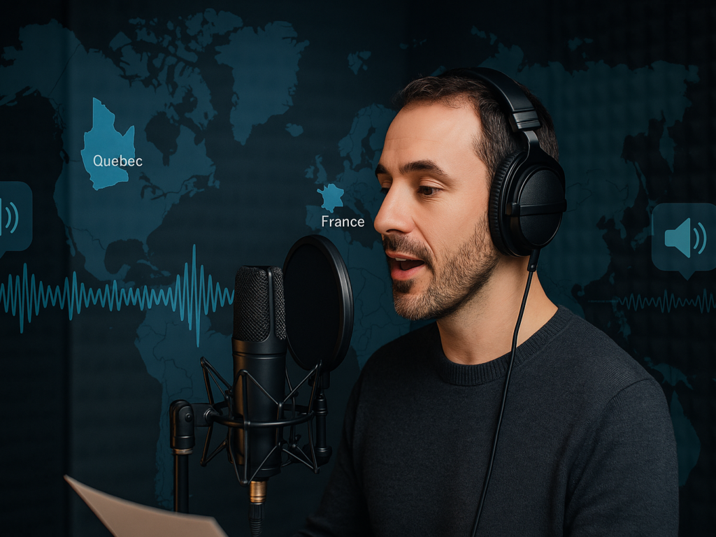 French voice-over artist recording in a soundproof studio with a high-end microphone, wearing headphones. Behind them, a semi-transparent world map highlights France and Quebec, symbolizing the diversity of French dialects. Audio waveforms and speaker icons represent voice-over technology, with clean lighting and a professional atmosphere.