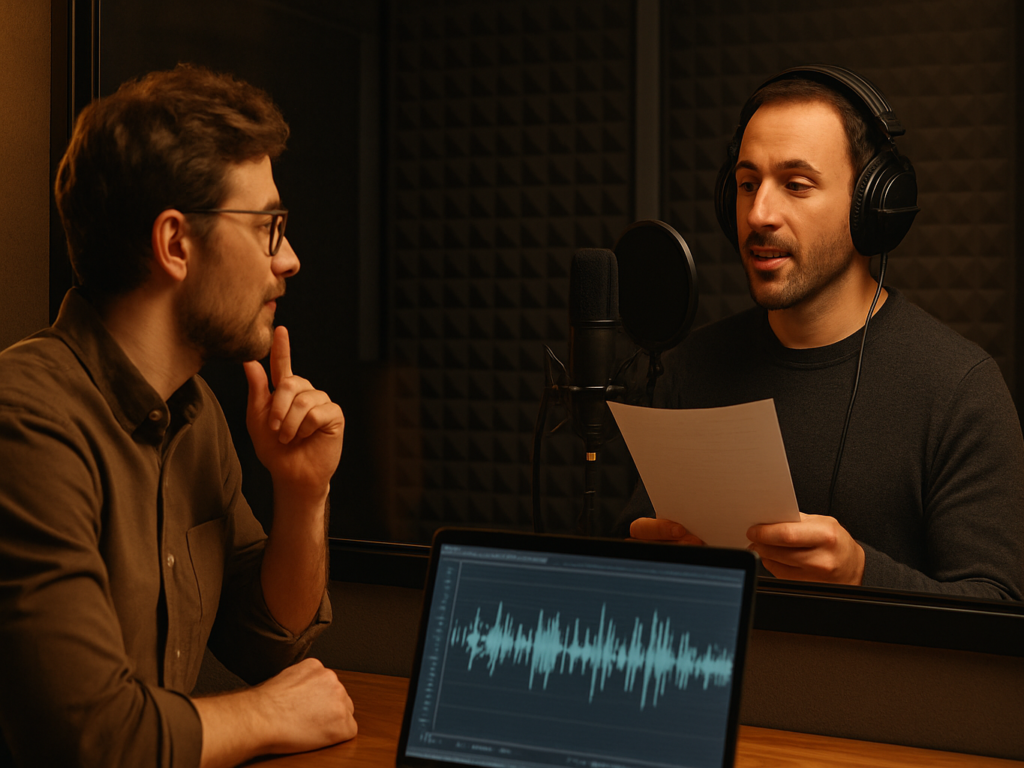 A producer and French voice-over artist finalize a project in a modern recording studio, reviewing audio waveforms and discussing performance direction through a soundproof window.