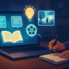 An imaginative digital workspace showing AI-generated story elements on a screen, with glowing text, creative icons like books, video reels, and lightbulbs, symbolizing storytelling powered by artificial intelligence. A person sits nearby with a notebook, blending human creativity and machine assistance in a clean, modern setting.