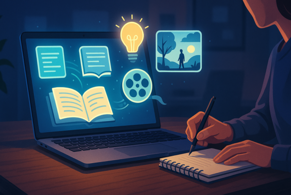An imaginative digital workspace showing AI-generated story elements on a screen, with glowing text, creative icons like books, video reels, and lightbulbs, symbolizing storytelling powered by artificial intelligence. A person sits nearby with a notebook, blending human creativity and machine assistance in a clean, modern setting.