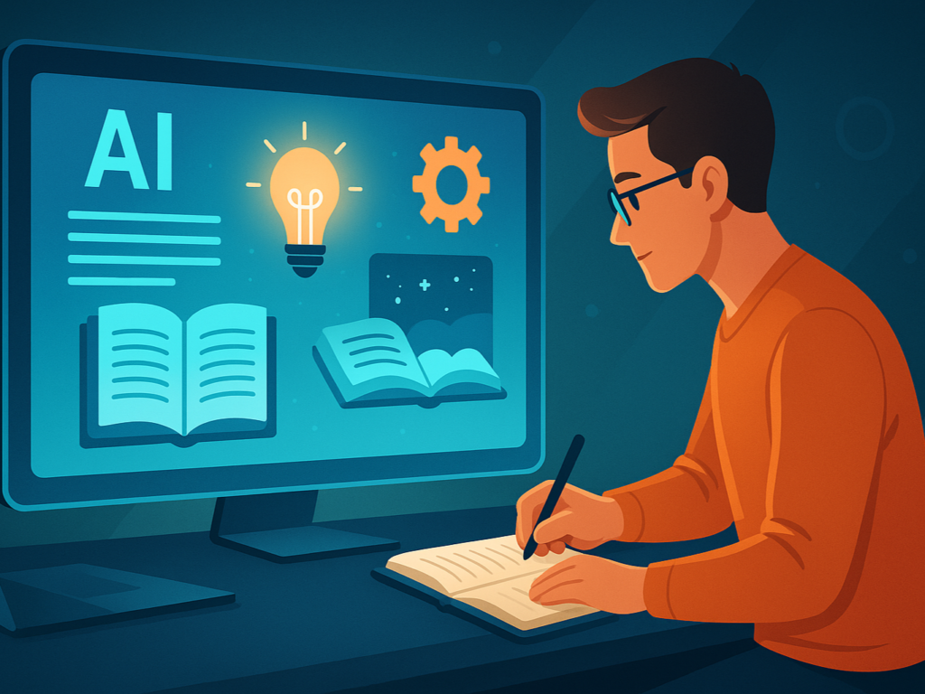 A modern digital workspace with a writer collaborating with AI on a glowing screen, where story ideas are transformed into visual narratives. Icons of lightbulbs, gears, and storybooks float above the screen, symbolizing the fusion of human creativity and AI technology in a fast-paced content creation environment.

