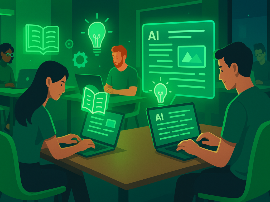 A vibrant digital workspace showcasing Fiverr freelancers offering AI story writing services. The scene includes diverse creators working on laptops, AI-generated story visuals floating above screens, and Fiverr's green color theme subtly integrated. The mood is energetic and modern, symbolizing creativity, collaboration, and innovation in the gig economy.
