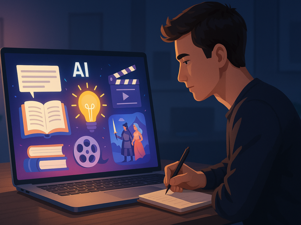 Freelancer working with AI tools on a laptop, surrounded by creative story icons like books, lightbulbs, and characters—showing human and AI collaboration in storytelling.